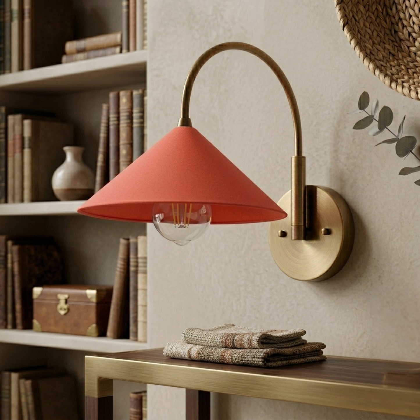 1950's Mid Century Italian Brass Diabolo Sconce, CORAL-RED Finish Lamp