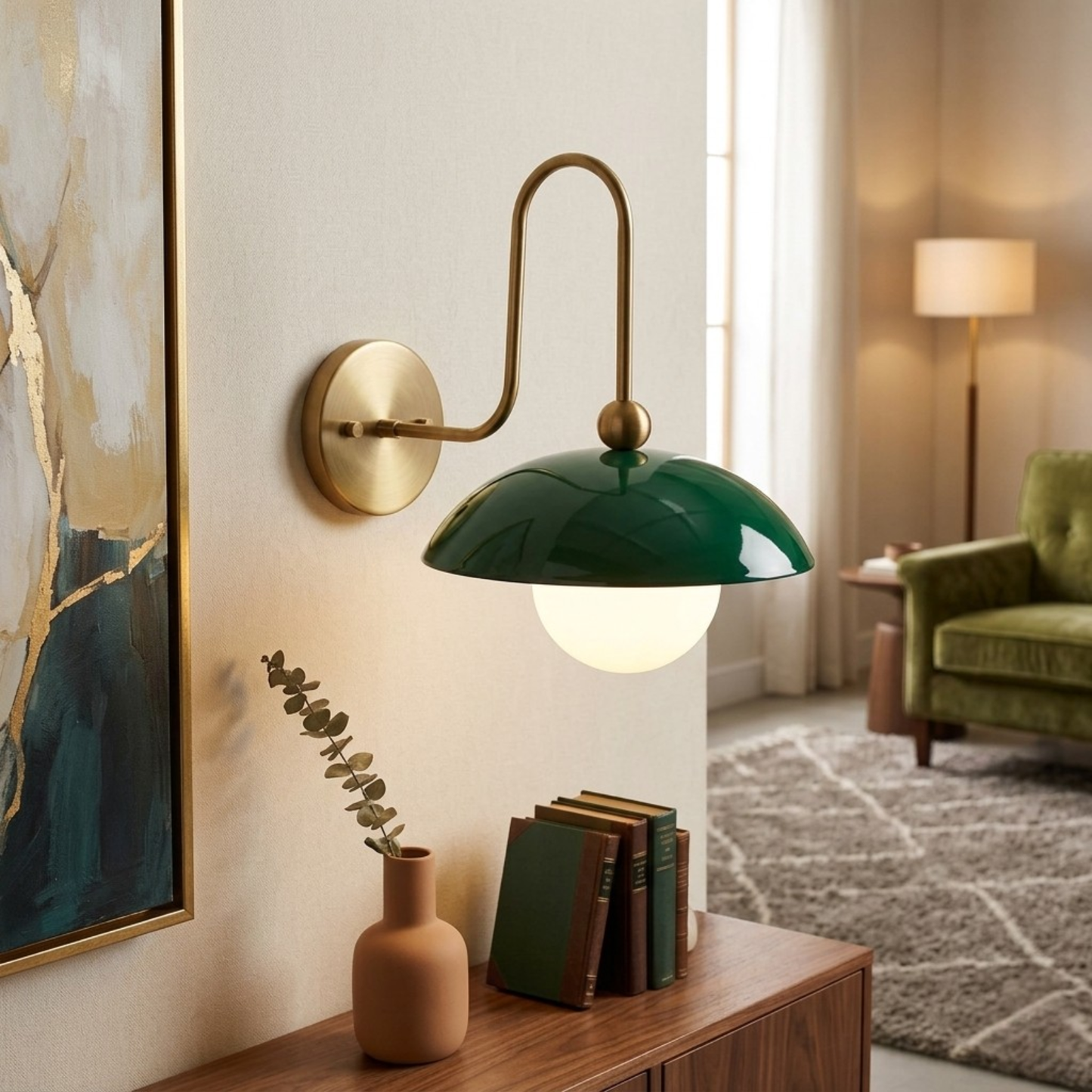 1950's Mid Century Italian Brass Diabolo Sconce, Green Finish Lamp