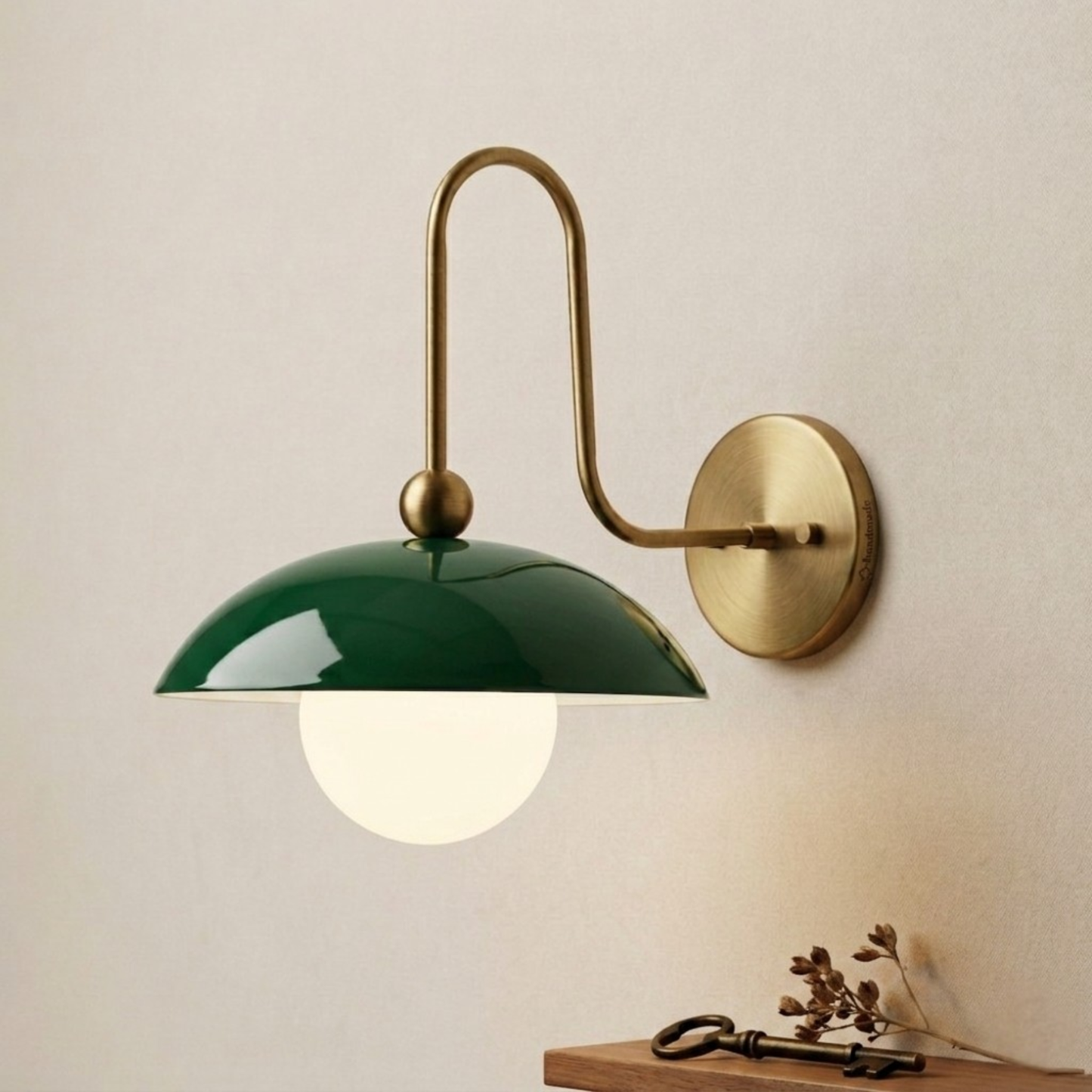 1950's Mid Century Italian Brass Diabolo Sconce, Green Finish Lamp