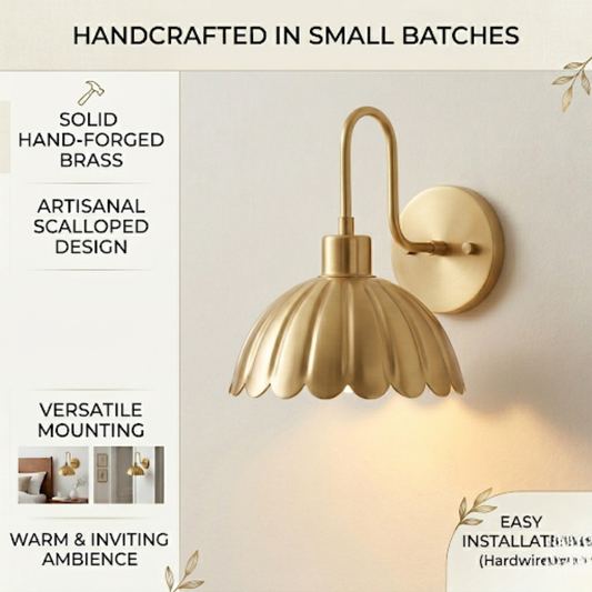 Handcrafted Brass Wall Sconce: Scalloped Shade, Minimalist Design, Luxury Lighting Fixture