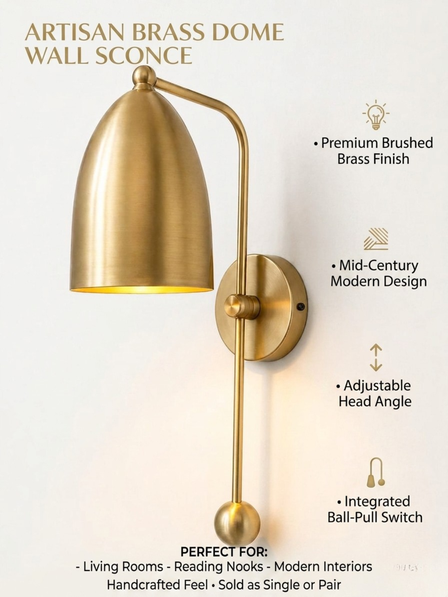 Luxury Brass Wall Sconce, Modern Bedside Wall Lamp, Minimalist Gold Mount Light, Bedroom Decor