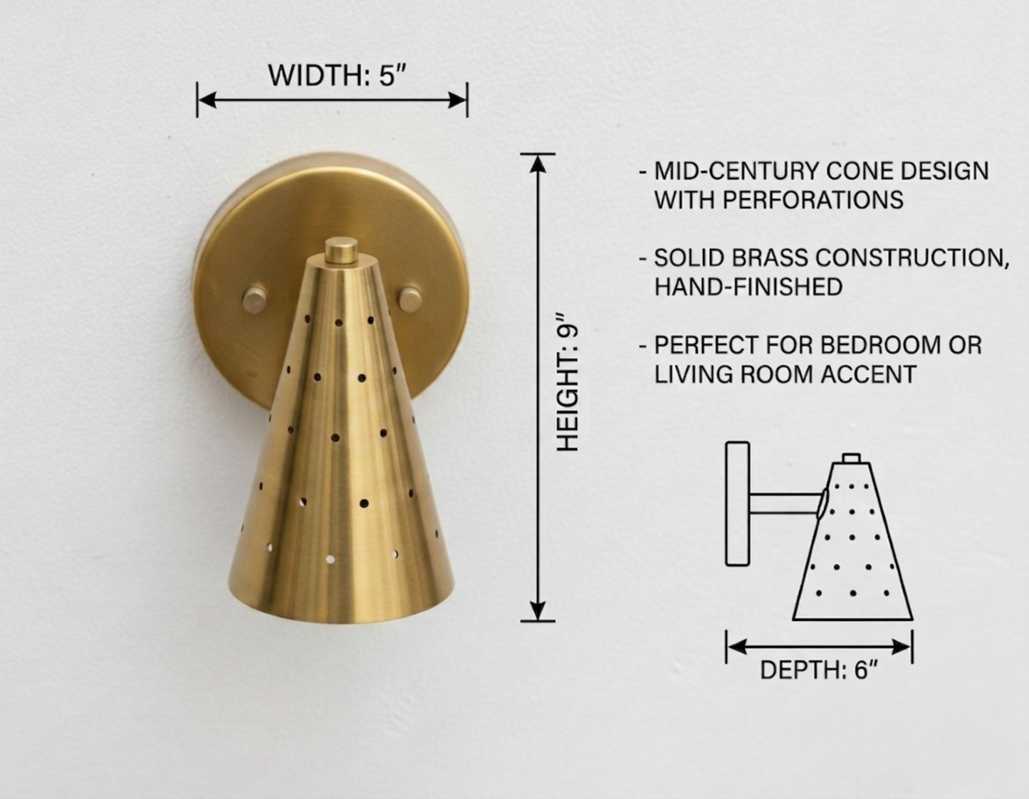Vintage Raw Brass Cone Wall Sconce: Mid-Century Modern Perforated Lamp For Bedroom, Living room & Office