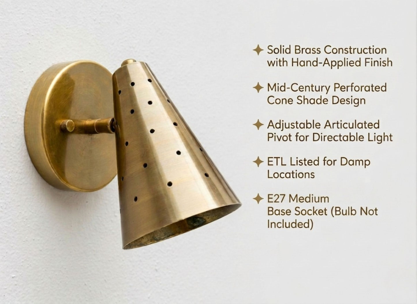 Vintage Raw Brass Cone Wall Sconce: Mid-Century Modern Perforated Lamp For Bedroom, Living room & Office