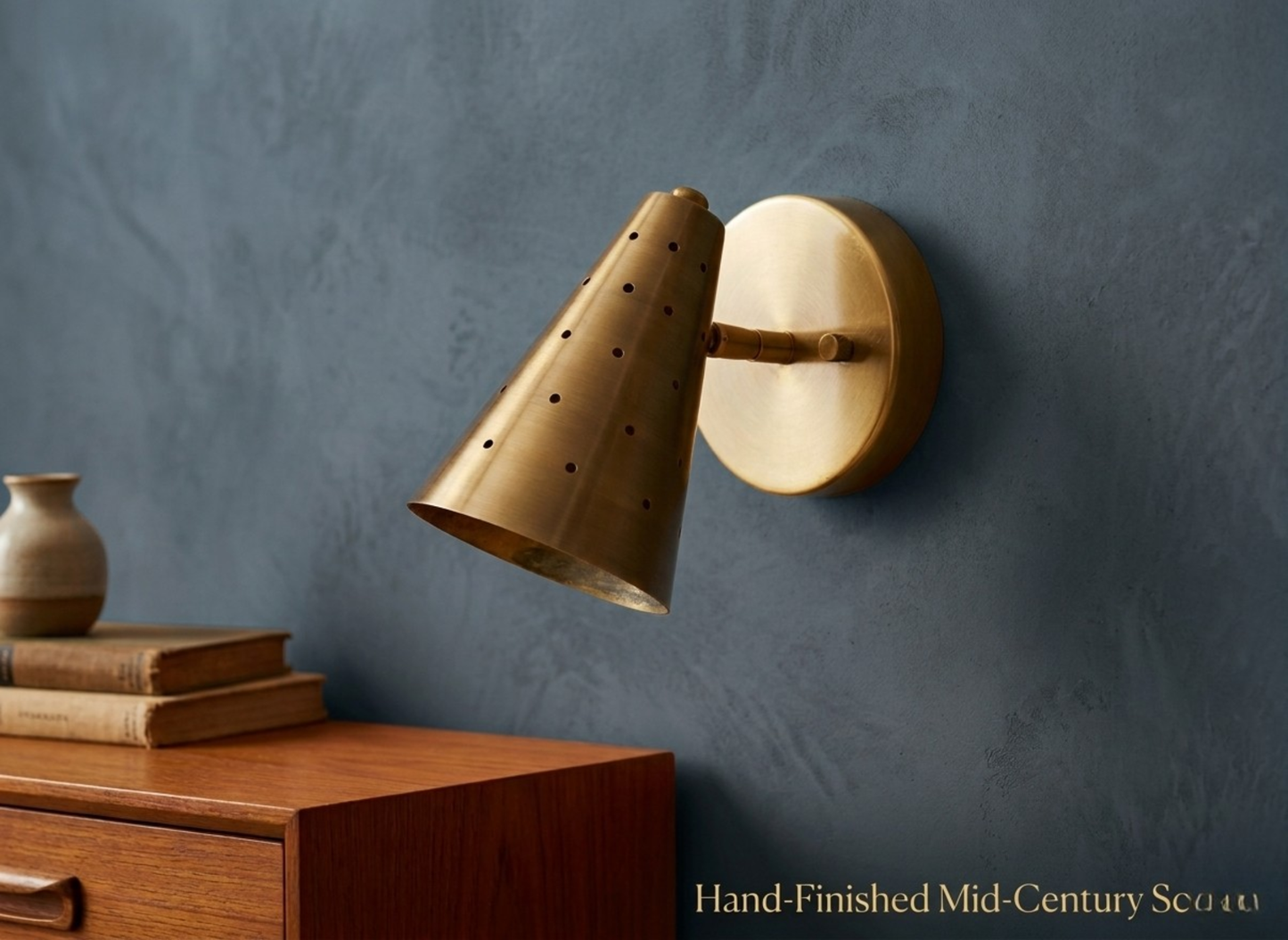 Vintage Raw Brass Cone Wall Sconce: Mid-Century Modern Perforated Lamp For Bedroom, Living room & Office