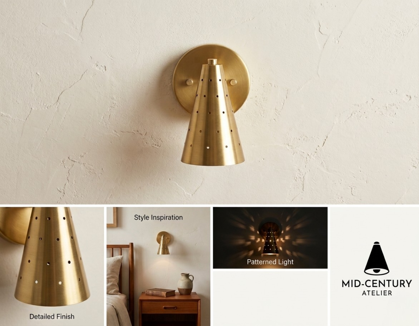 Vintage Raw Brass Cone Wall Sconce: Mid-Century Modern Perforated Lamp For Bedroom, Living room & Office