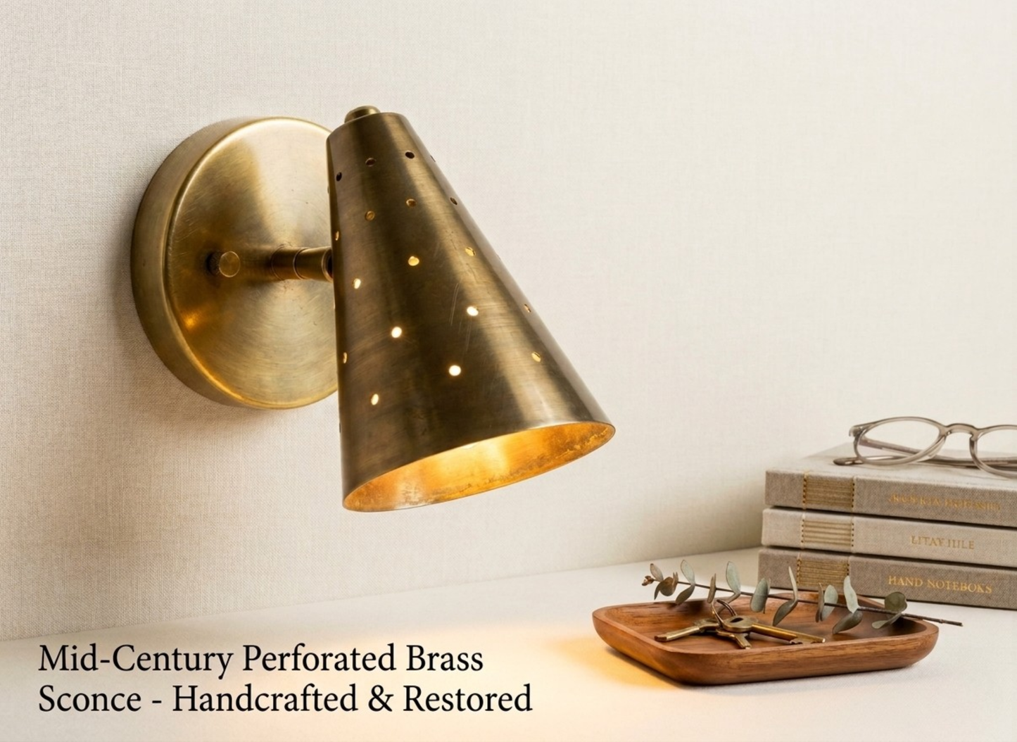 Vintage Raw Brass Cone Wall Sconce: Mid-Century Modern Perforated Lamp For Bedroom, Living room & Office
