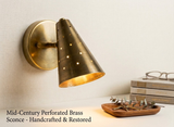 Vintage Raw Brass Cone Wall Sconce: Mid-Century Modern Perforated Lamp For Bedroom, Living room & Office